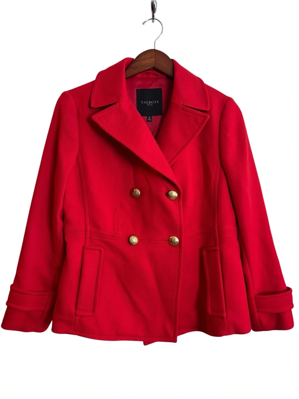 Talbots Double Breasted Pea Coat Persimmon Red 8 Petite Gold Buttons Classic